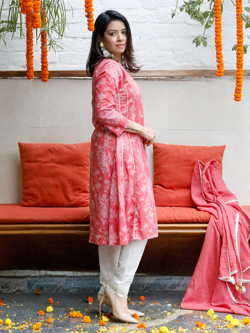 Pink Cotton Print Aline Kurta With Gota and Off-White Lace Flex Pant 3 pc Set with Dupatta