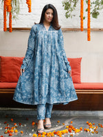 Blue Cotton Print Kalidar Kurta With Gota Details and Pant 2 pc Set (Without Dupatta)