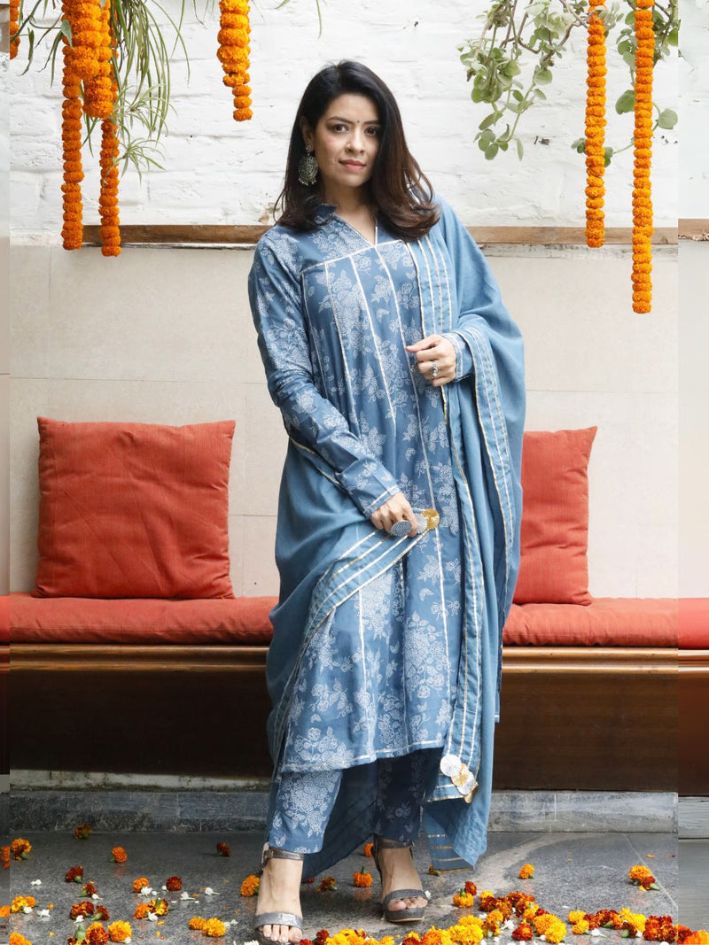 Blue Cotton Print Kalidar Kurta With Gota Details and Pant 3 pc Set With Dupatta