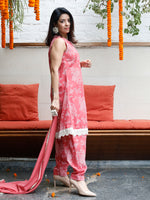 Pink Cotton Print Sleeveless Aline Lacework Kurta and Salwar 3 pc Set With Dupatta