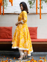 Yellow Khadi Print Asymmetrical Angarkha Kurta and Off White Flex Pant 2 pc Set (Without Dupatta)