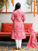 Pink Cotton Print Aline Kurta With Gota and Off-White Lace Flex Pant 3 pc Set with Dupatta