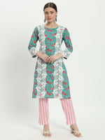 Cotton block print green multicolor kurta set and dupatta with lace work 3 Pcs Set