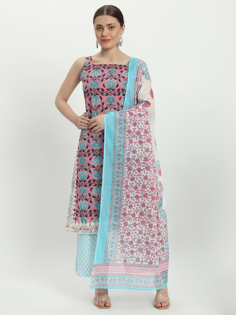 Cotton block print pink multicolor kurta set and dupatta 3 Pcs Set