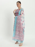 Cotton block print pink multicolor kurta set and dupatta 3 Pcs Set