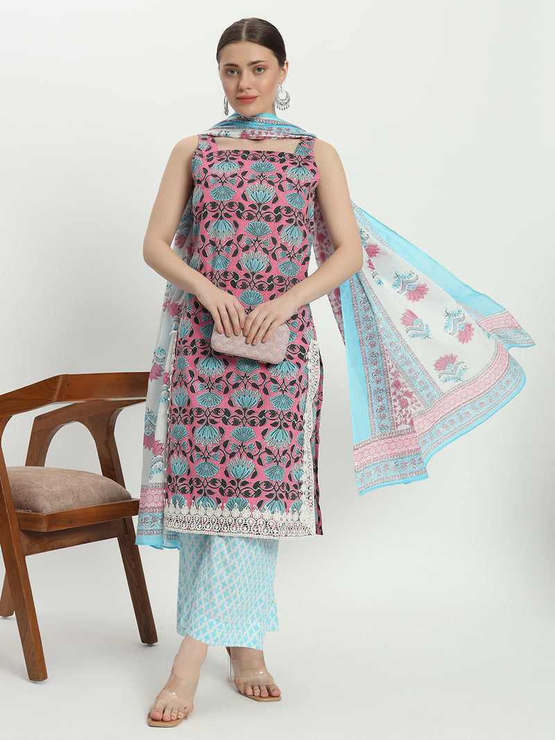 Cotton block print pink multicolor kurta set and dupatta 3 Pcs Set