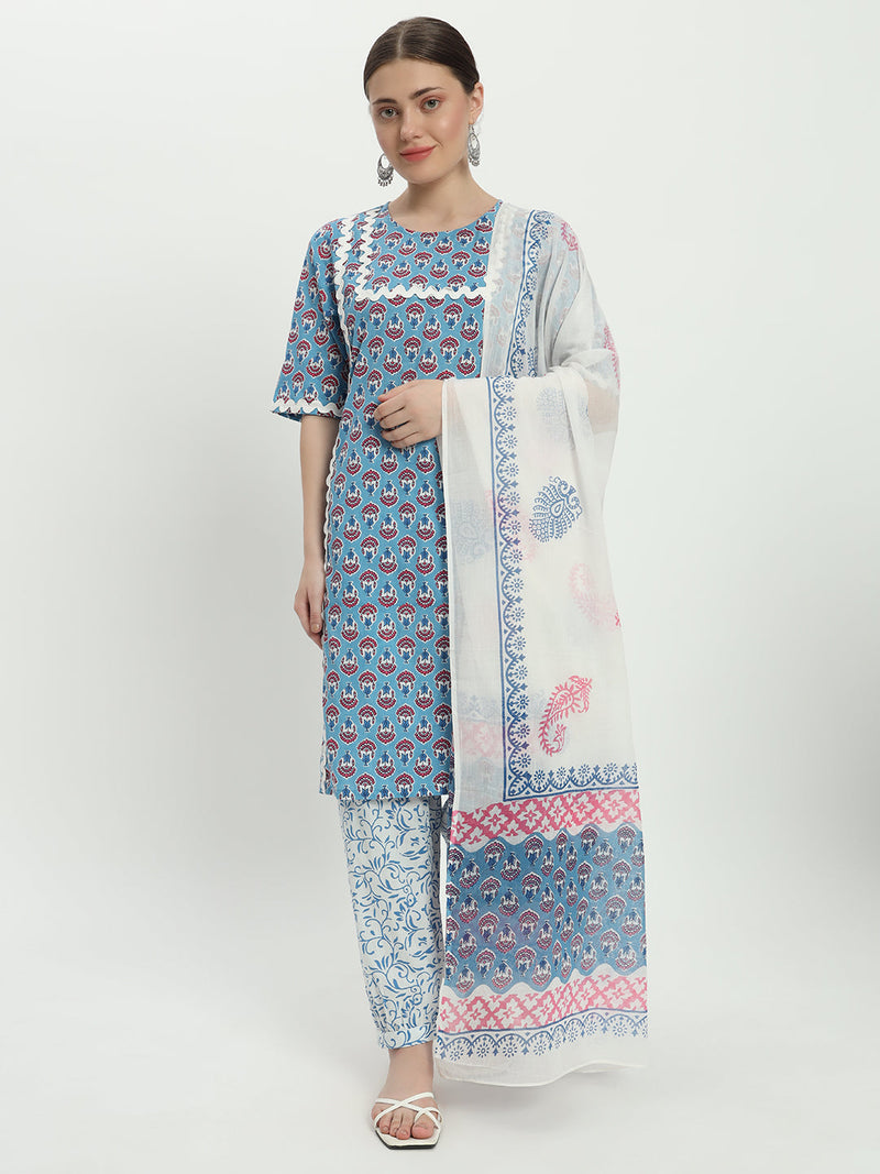 Cotton block print blue multicolor kurta set and dupatta with lace work 3 Pcs Set