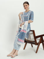 Cotton block print blue multicolor kurta set and dupatta with lace work 3 Pcs Set