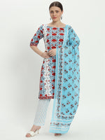 Cotton block print blue multicolor kurta set and dupatta with lace work 3 Pcs Set