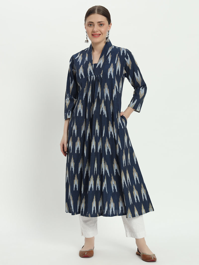 Cotton Handloom Blue Ikat V Necked Loose Fit Kurta Only