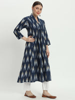 Cotton Handloom Blue Ikat V Necked Loose Fit Kurta Only