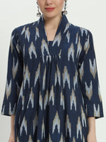 Cotton Handloom Blue Ikat V Necked Loose Fit Kurta Only