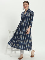 Cotton Handloom Blue Ikat V Necked Loose Fit Kurta Only