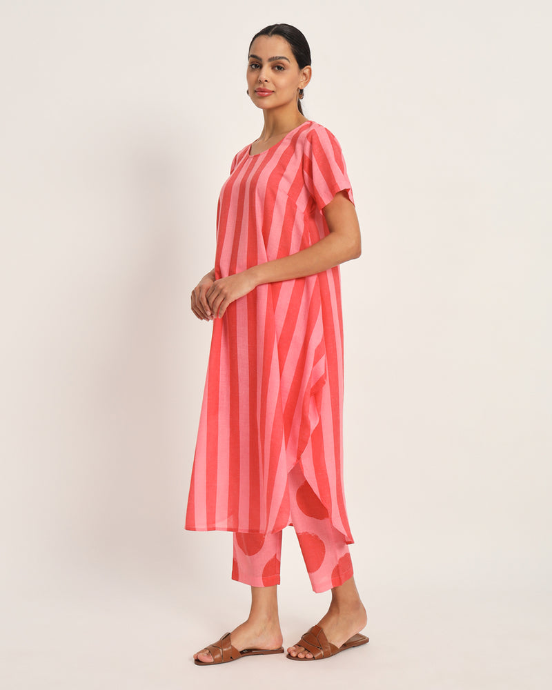 Assymetrical co-ord set in red and pink stripe cotton blend