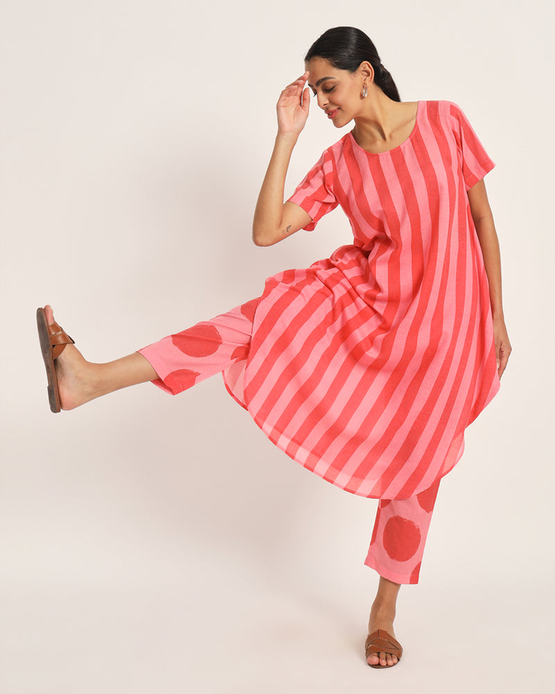 Assymetrical co-ord set in red and pink stripe cotton blend