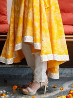 Yellow Khadi Print Asymmetrical Angarkha Kurta and Off White Flex Pant 3 pc Set With Dupatta