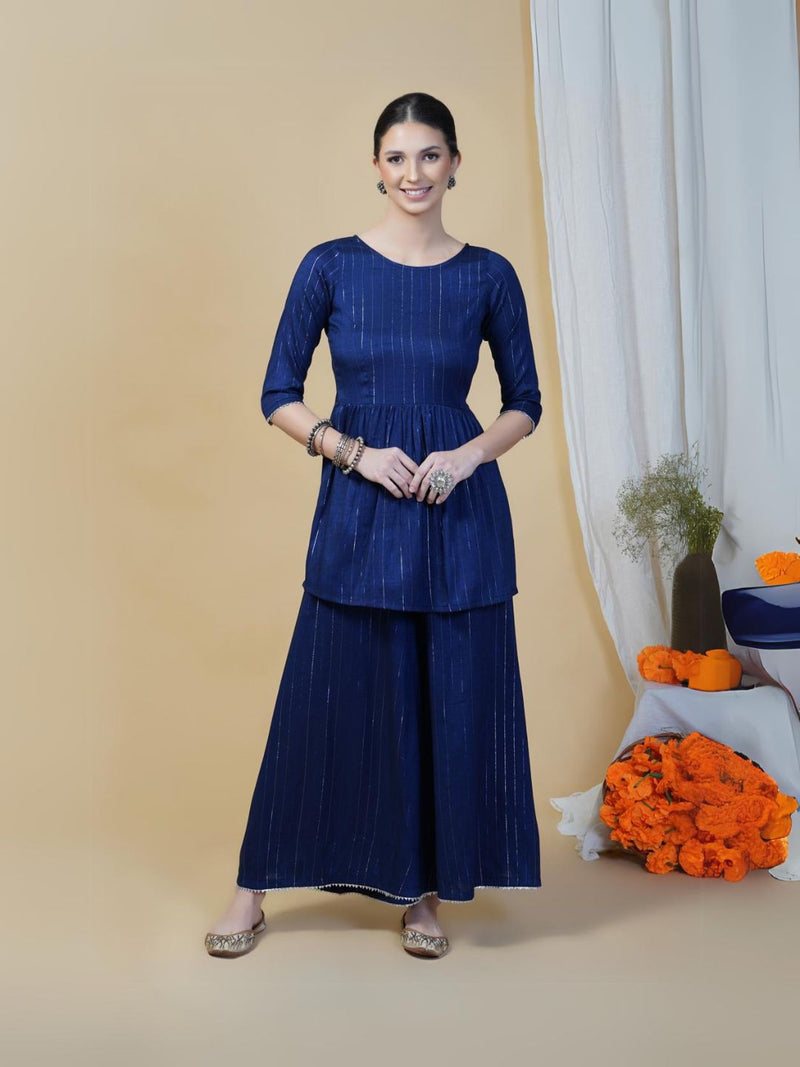 Women navy blue linen cotton self design lurex peplum top and sharara set