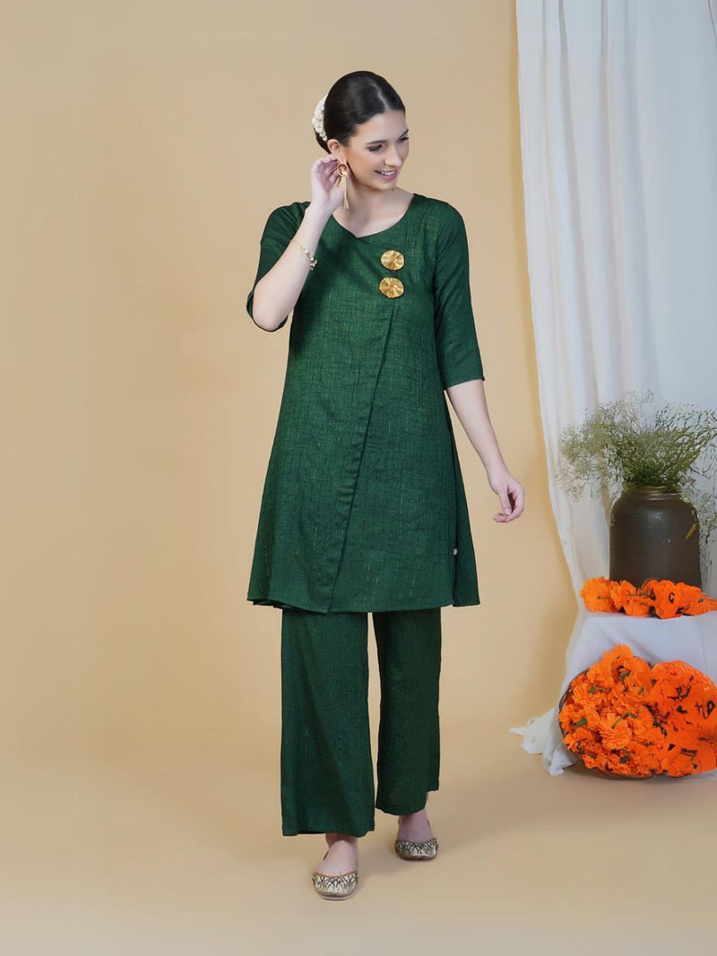 Green linen cotton self design lurex A line kurta with pants