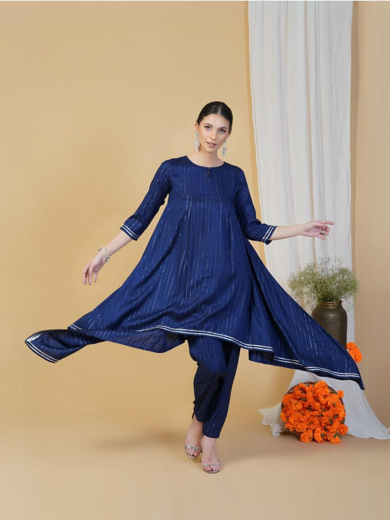 Navy blue linen cotton self design lurex asymmetrical kurta and straight salwar with gota work