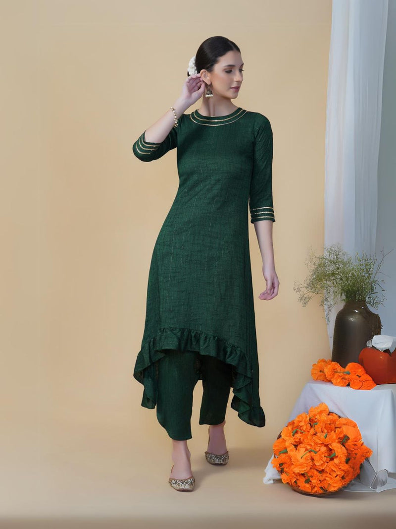 Green linen cotton self design lurex high low frilled kurta with petal pants