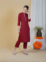 Maroon linen cotton self design lurex straight gota work kurta and pant set