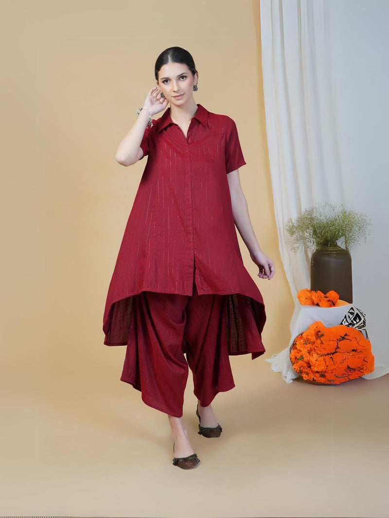 Linen cotton self design lurex asymmetrical kurta and loose fit pants