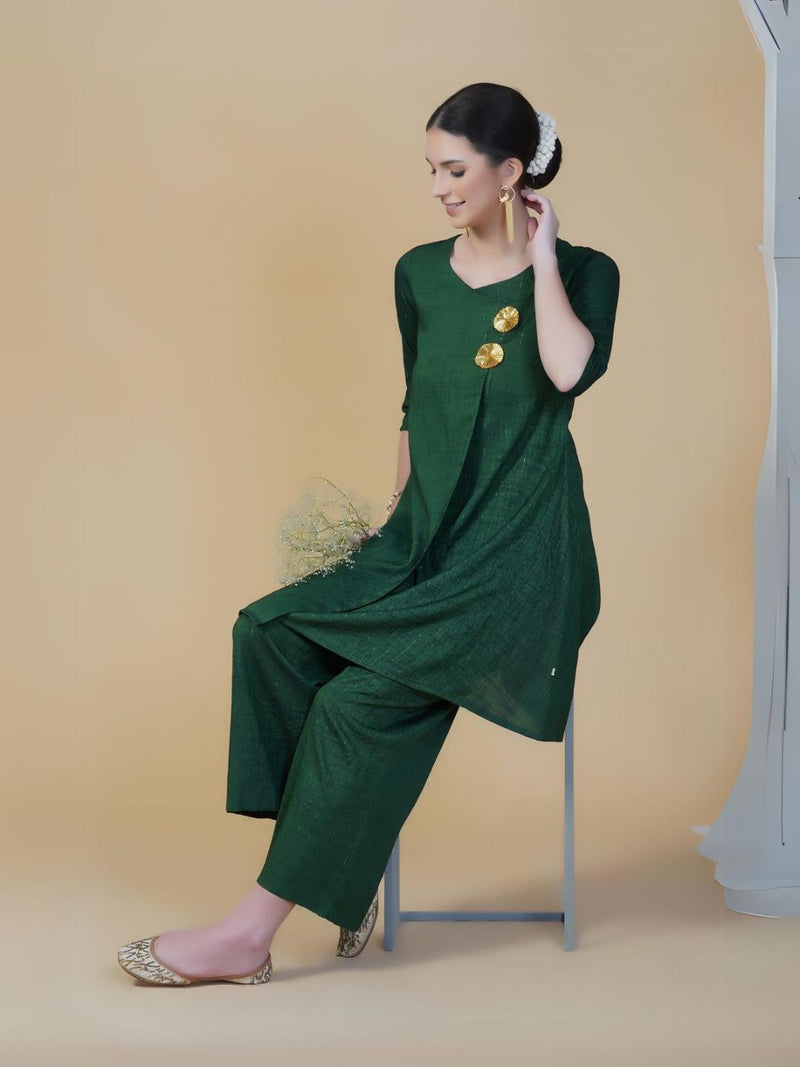 Green linen cotton self design lurex A line kurta with pants