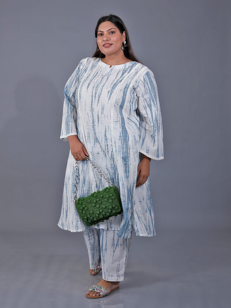Fabnest  Curve Set Of Grey Shibori Printed Kali Kurta Paired With Loose Fit Straight Pants