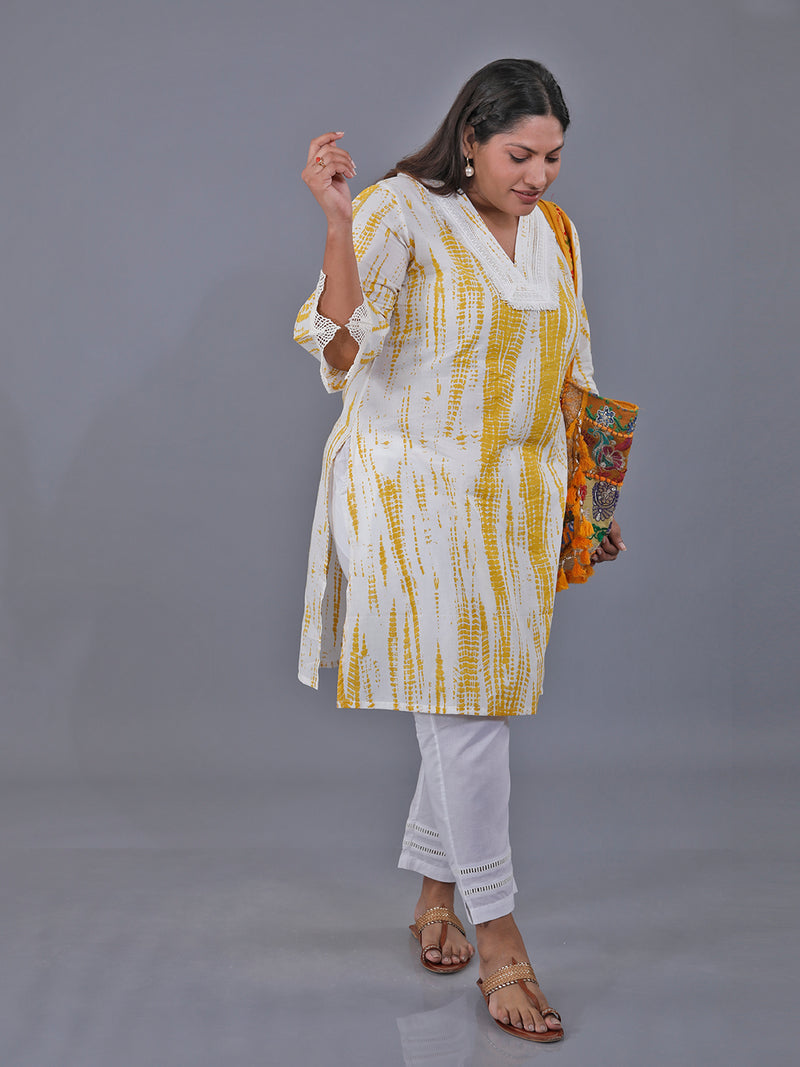 Fabnest Curve Yellow Shibori Printed Straight Cotton Kurta Only With Lace At Neck And Sleeve Hem