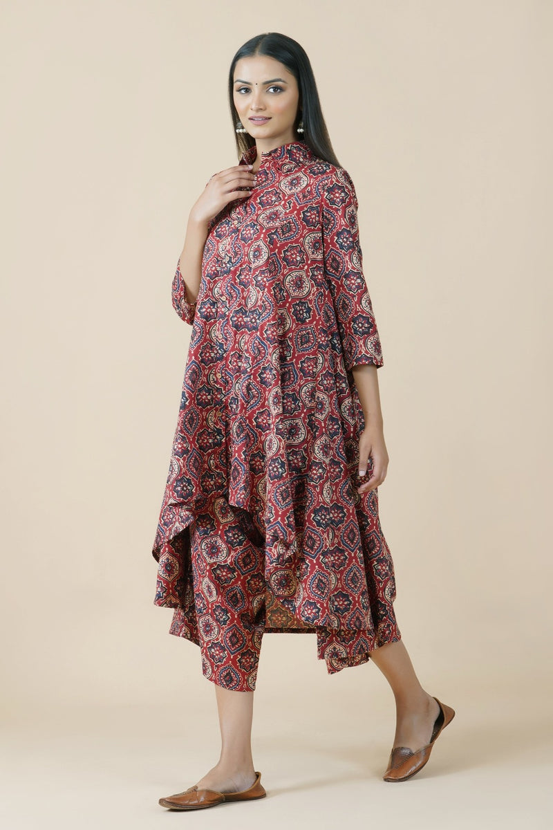 2 pc set of cotton red ajrakh print asymmetrical collared kurta with asymmetrical bottom