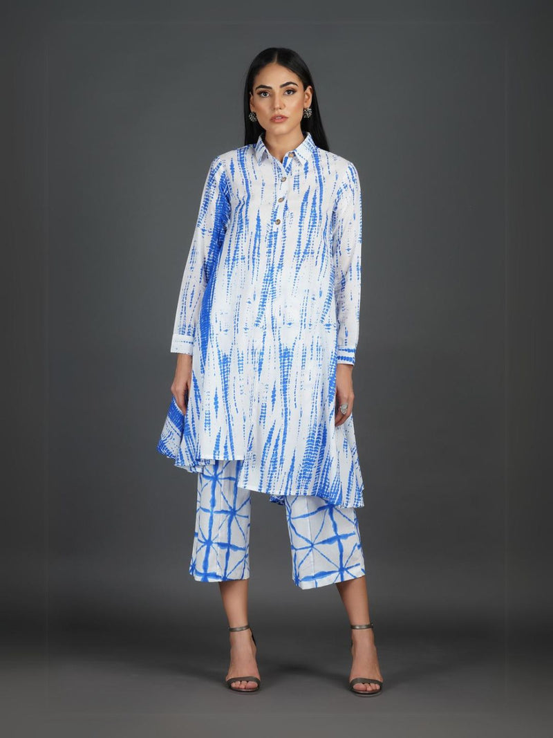 Womens Blue Shibori Print Asymmetrical Kurta With Straight Pants