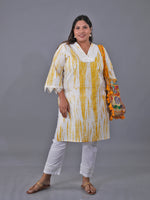Fabnest Curve Set Of Yellow Shibori Printed Straight Cotton Kurta With Lace At Neck And Sleeve Hem And White Cotton Straight Pants With Lace Inserts