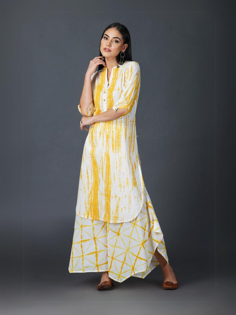 Womens Yellow Shibori Print Straight Kurta With Assymetrical Pants