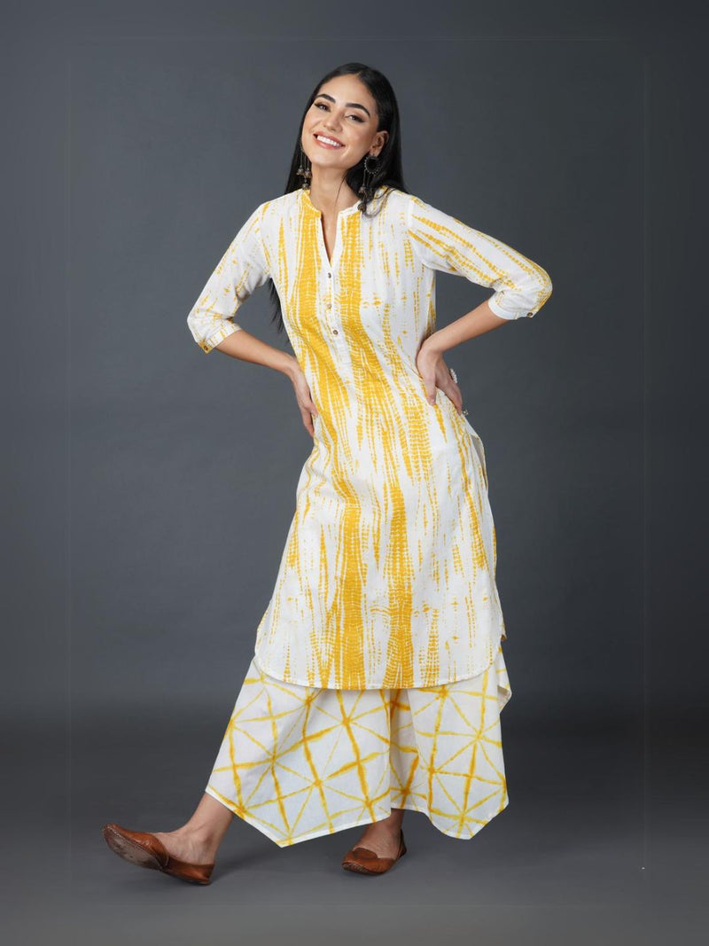 Womens Yellow Shibori Print Straight Kurta With Assymetrical Pants