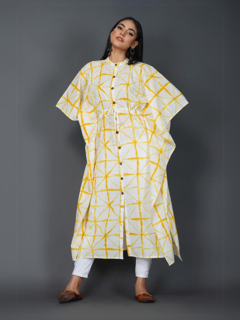 Cotton Yellow Shibori Print Kaftaan With Tie Up