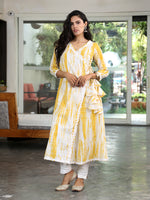 Yellow Shibori Printed Cotton Angarkha Kurta Only With Detailing Of Ric Rac Lace
