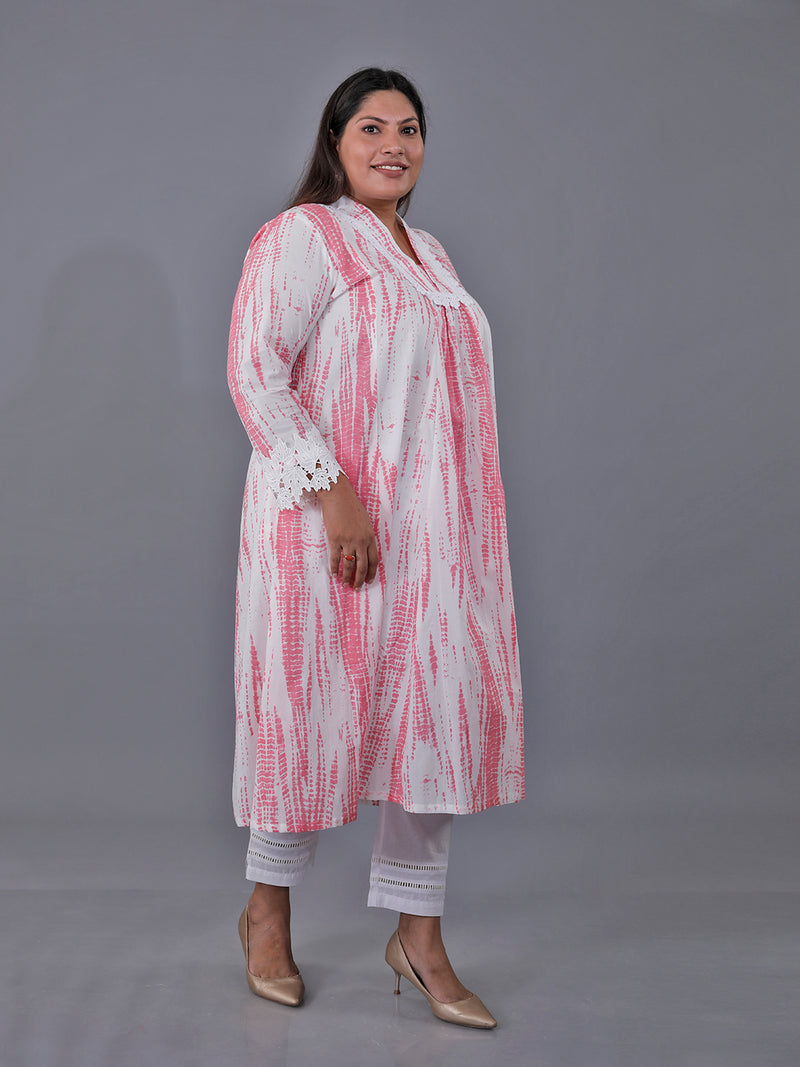 Fabnest Curve Pink Cotton Shibori V-Neck Kurta Only With Lace At Neck