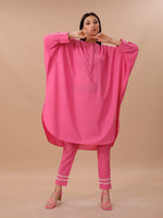 Pink Cotton Loose Fit Kurta With Contrast Stitch Paired With Straight Pants With Lace Inserts.
