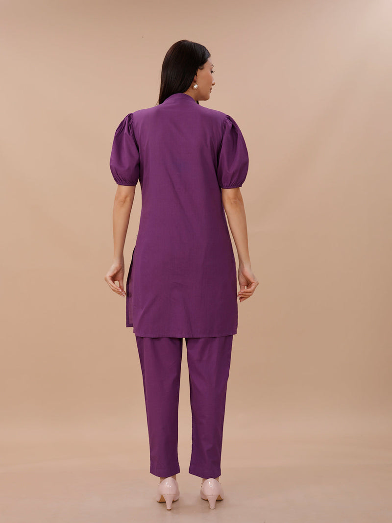 Purple Cotton Kurta With Puff Sleeves Paired With Straight Pants