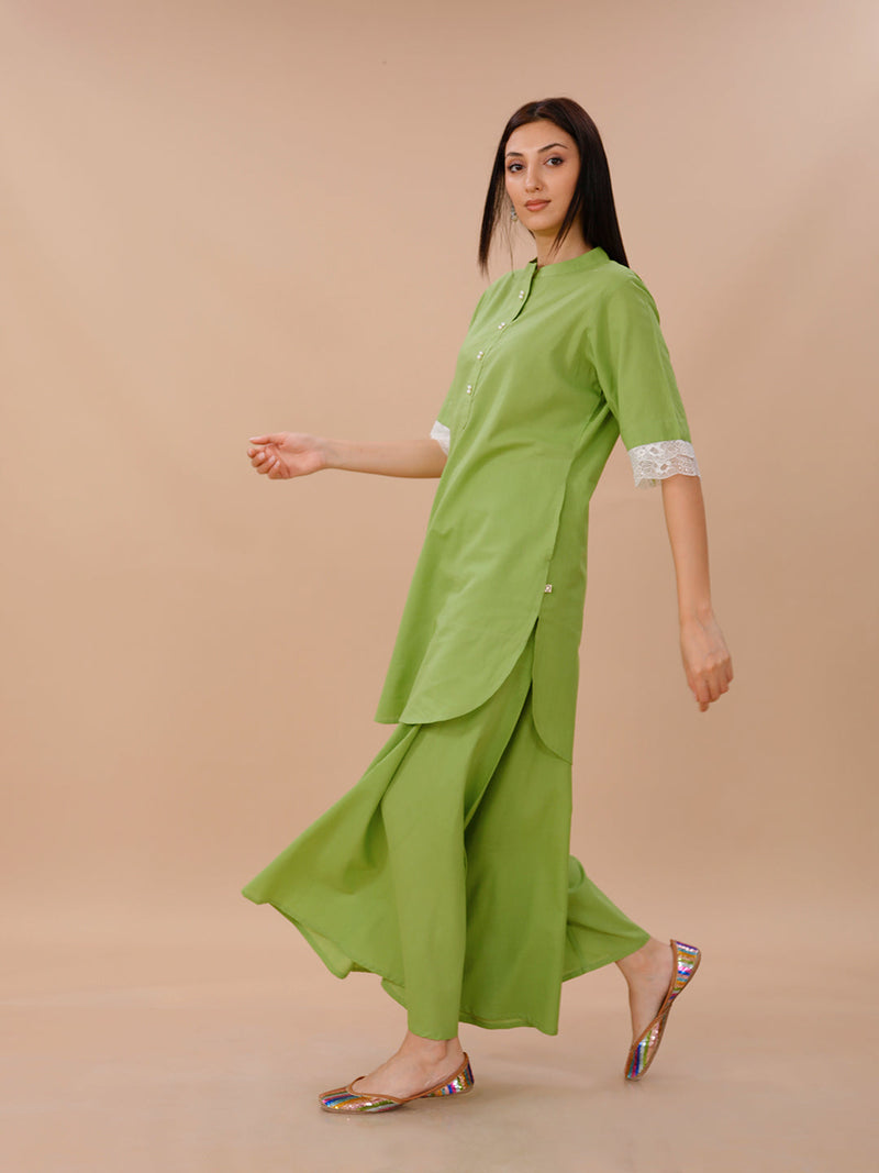 Green Cotton Shirt Kurta And Sharara Set With Lace Inserts At Sleeve Opening.