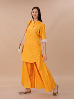 Yellow Cotton Shirt Kurta And Sharara Set With Lace Inserts At Sleeve Opening.