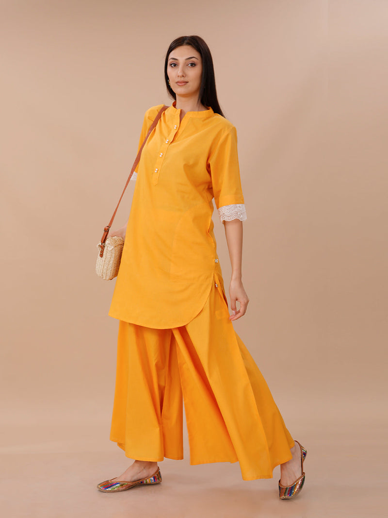 Yellow Cotton Shirt Kurta And Sharara Set With Lace Inserts At Sleeve Opening.