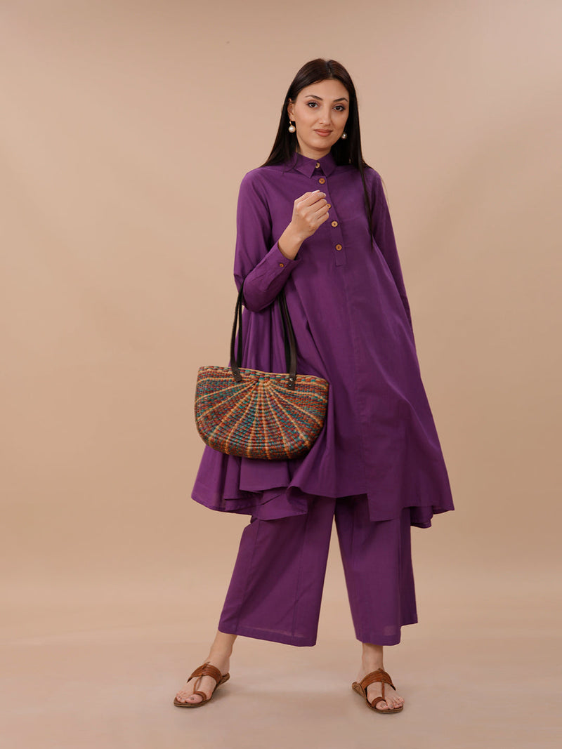 Purple Cotton Asymmetrical Kurta With Collar, Paired With Pants