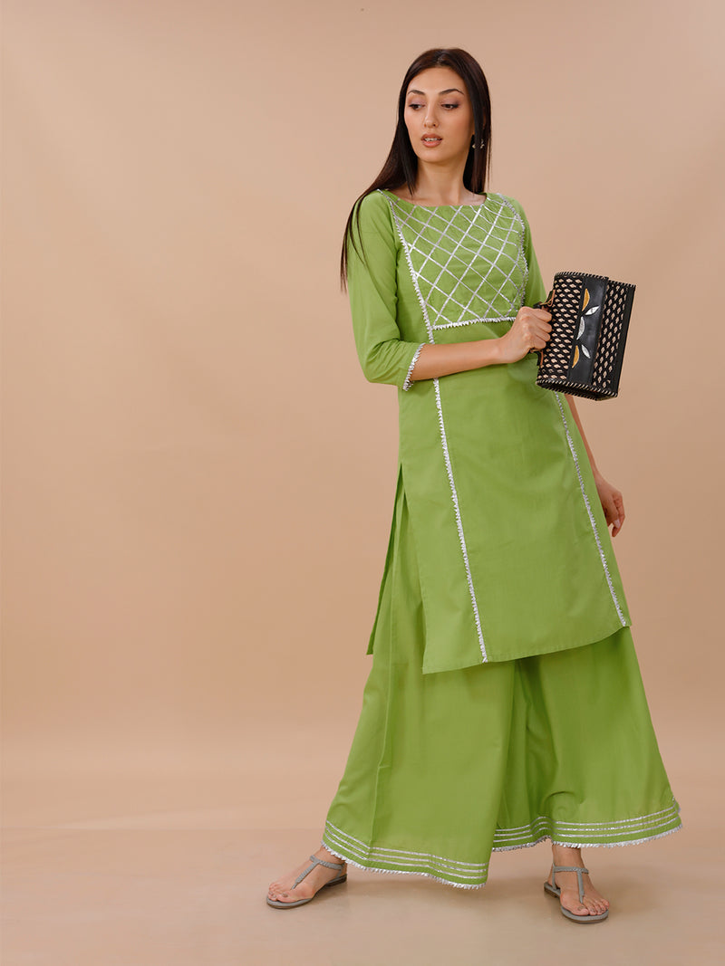 Green Cotton Sharara And Straight Kurta Set With Silver Gota Details