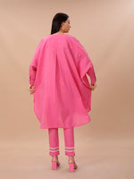 Pink Cotton Loose Fit Kurta With Contrast Stitch Paired With Straight Pants With Lace Inserts.