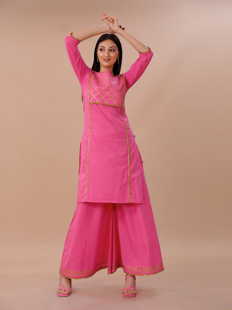 Pink Cotton Sharara And Straight Kurta Set With Golden Gota Details