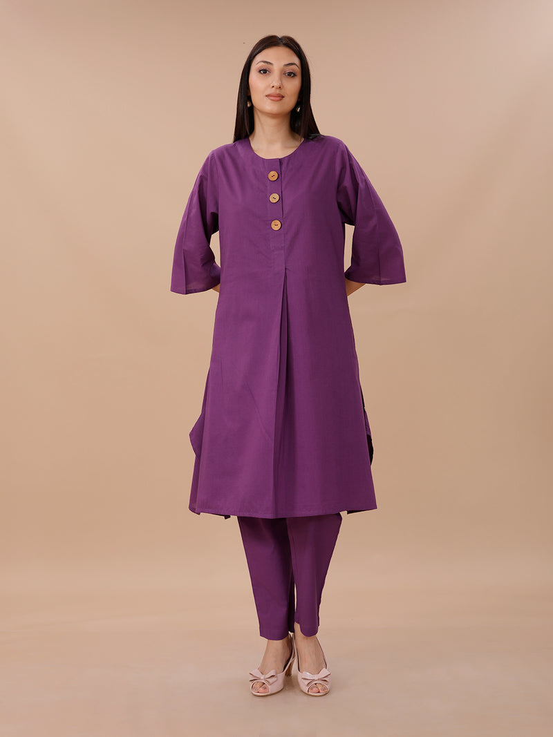 Purple Cotton A-line Kurta With Straight Pants