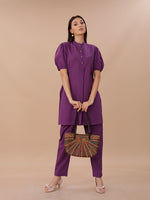 Purple Cotton Kurta With Puff Sleeves Paired With Straight Pants