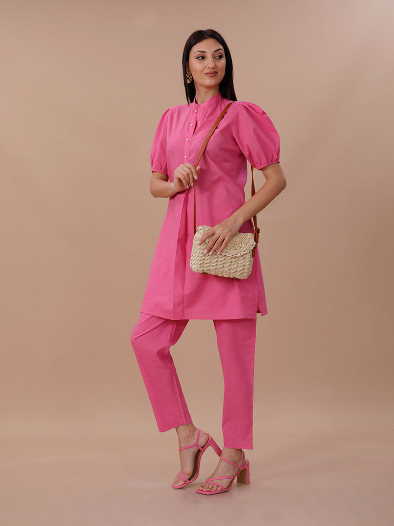 Pink Cotton Kurta With Puff Sleeves Paired With Straight Pants