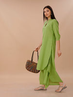 Green Cotton Straight Kurta Paired With Asymmetrical Pants